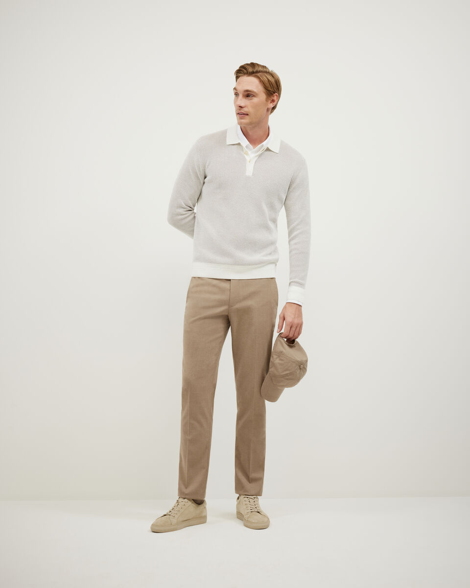 Two-Toned Long Sleeve Knit Polo, Bone, hi-res